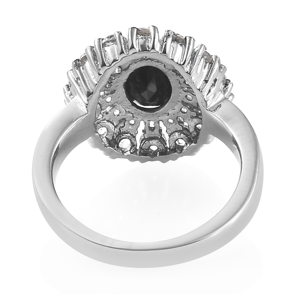 Designer Inspired- Boi Ploi Black Spinel (Ovl 8x6 mm, 1.55 Ct), White Topaz Ring in Silver Plated 3.250 Ct.