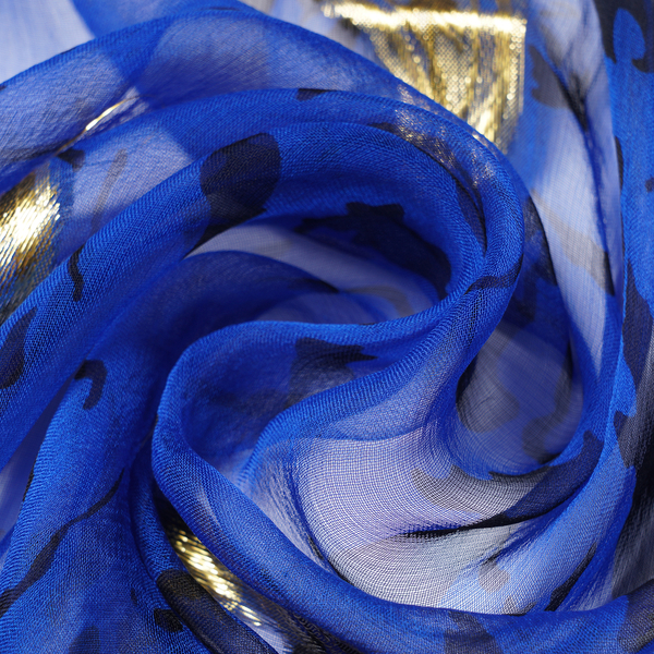 LA MAREY 100% Mulberry Silk Dark Blue Scarf with Golden Embroidery (180x110cm)