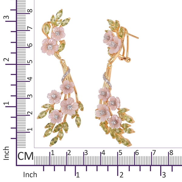JARDIN COLLECTION - Pink Mother of Pearl, Hebei Peridot and Natural White Cambodian Zircon Earrings (with French Clasp) in Rhodium and Gold Overlay Sterling Silver, Silver wt 10.58 Gms