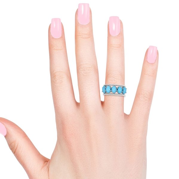 Arizona Sleeping Beauty Turquoise (Ovl) 5 Stone Ring in Rhodium Overlay Sterling Silver 3.750 Ct.