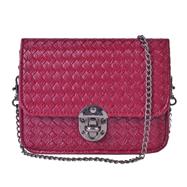 Dark Red Colour Weave Net Pattern Crossbody Bag with Removable Chain ...