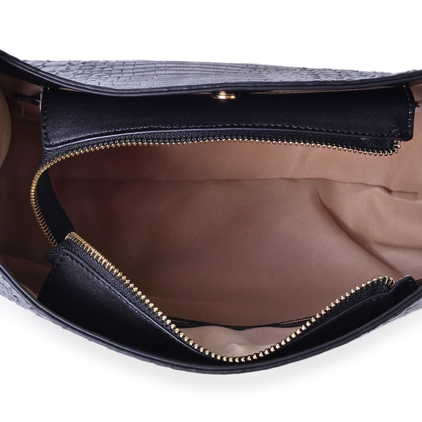 Designer Inspired-Black Colour Croc Embossed Tote Bag with Removable Shoulder Strap (Size 35.5X24.5X14 Cm)