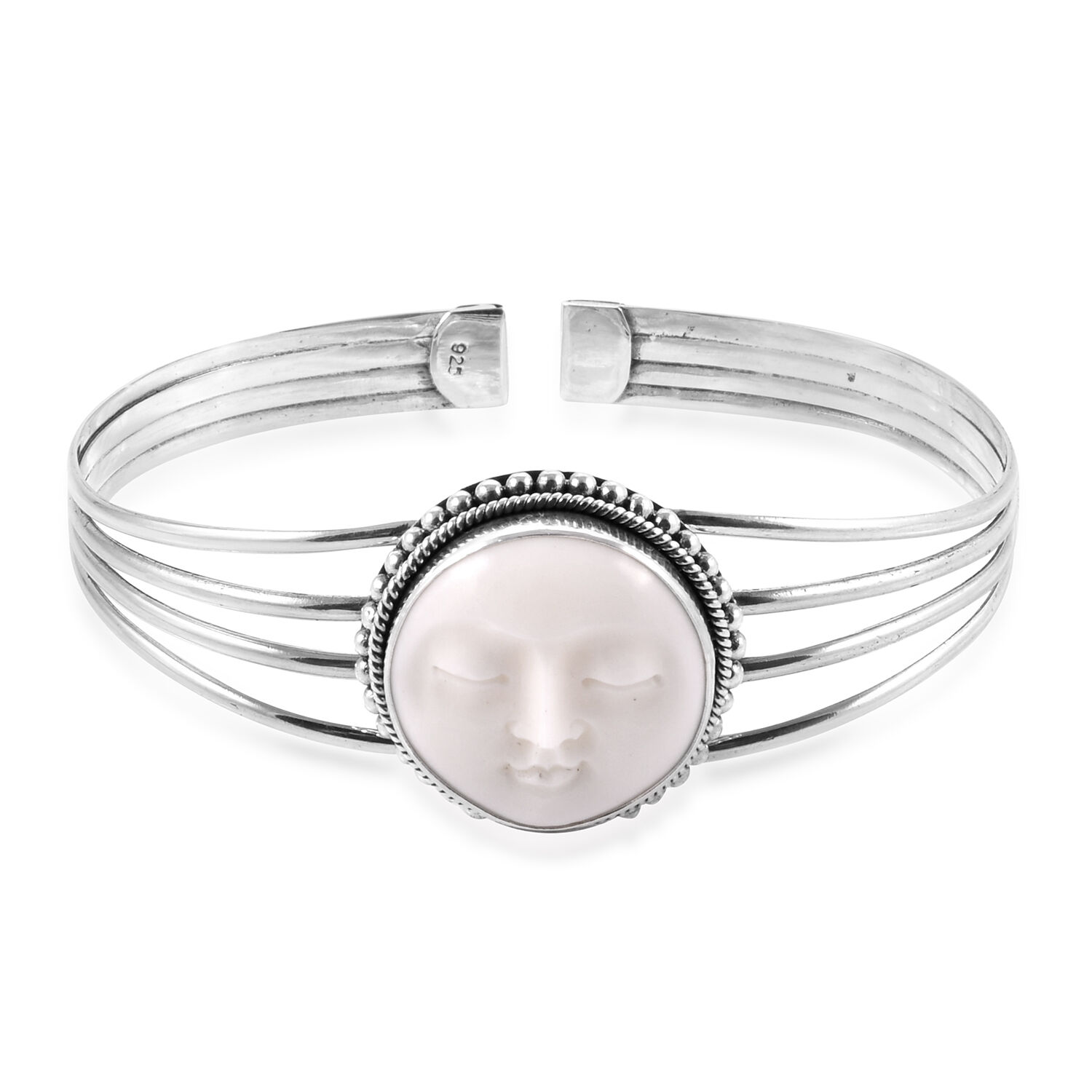 Princess Bali Collection OX Bone Carved Face (Rnd) Bangle (Size 7.5) in Sterling Silver 15.500 Ct.