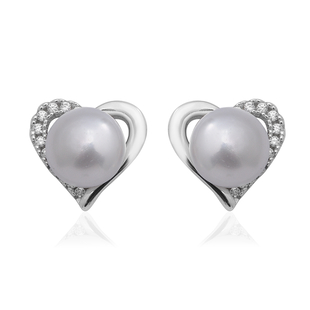Freshwater Pearl and Simulated Diamond Heart Stud Earrings (with Push Back) in Rhodium Overlay Sterl