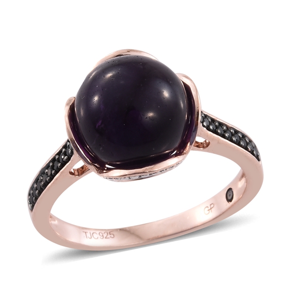 GP Amethyst (Rnd 7.60 Ct), Boi Ploi Black Spinel and Blue Sapphire Ring in Rose Gold Overlay Sterlin