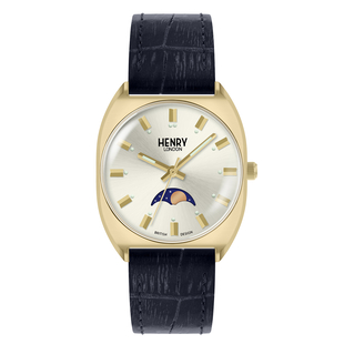 Henry London Moonphase Square Round White Silver Dial 3 ATM Water Resistant Watch with Navy Blue Col