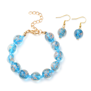 2 Piece Set - Blue Colour Murano Glass Bracelet (Size 7.5 with 2 inch Extender) and Hook Earrings in