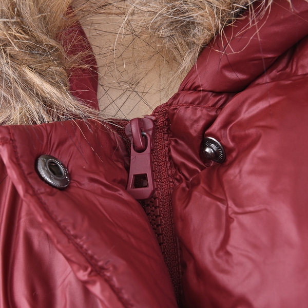 Women Long Puffer Jacket with Faux Fur Trim Hood and Two Pockets in Wine Colour
