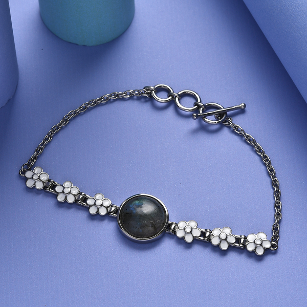 Labradorite Enamelled Bracelet (Size - 7.5 with Extender) with T-Bar Clasp in Stainless Steel 9.73 Ct.