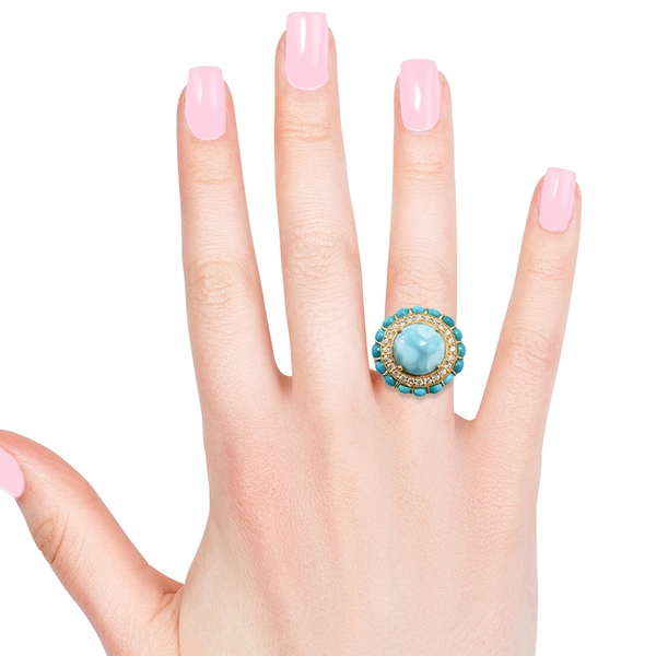 Larimar (Rnd 9.75 Ct), Arizona Sleeping Beauty Turquoise and Natural Cambodian Zircon Ring in 14K Gold Overlay Sterling Silver 14.750 Ct. Silver wt 7.60 Gms.