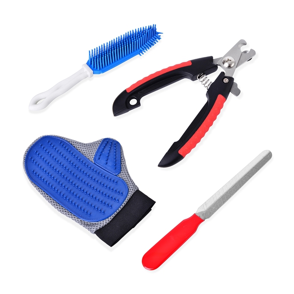 Pet Accessories - Set Of 4 -  Blue, Black and Red Colour Glove, Hair Cleaner, Nail Scissors and Nail