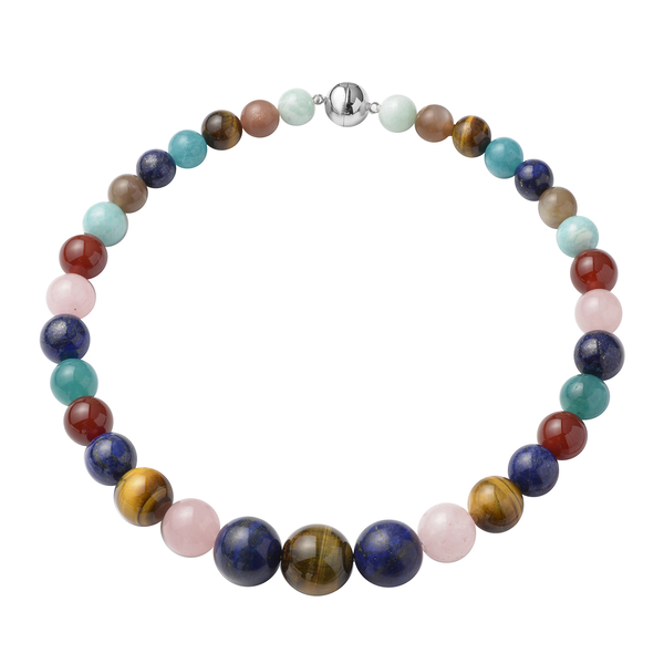 Multi Gemstones Beads Necklace with Magnetic Lock (Size 18) in Rhodium Overlay Sterling Silver 671.5