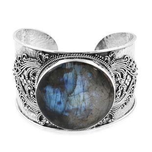 Royal Bali Collection Hand Made Labradorite (Rnd 40 mm) Cuff Bangle (Size 7.5) in Sterling Silver 98