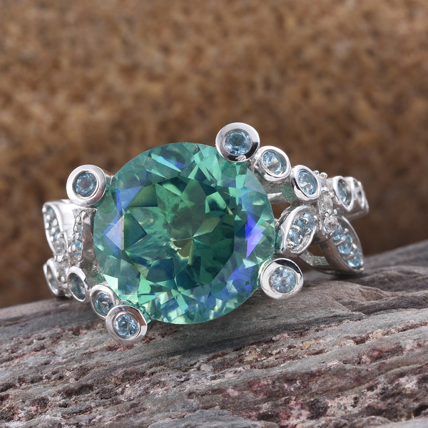 Peacock Quartz (Rnd 9.50 Ct), Electric Swiss Blue Topaz and White Topaz Ring in Platinum Overlay Sterling Silver 10.500 Ct.