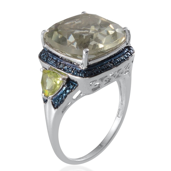 Green Amethyst (Cush 9.00 Ct), Hebei Peridot and Blue Diamond Ring in Platinum Overlay Sterling Silver 9.770 Ct.