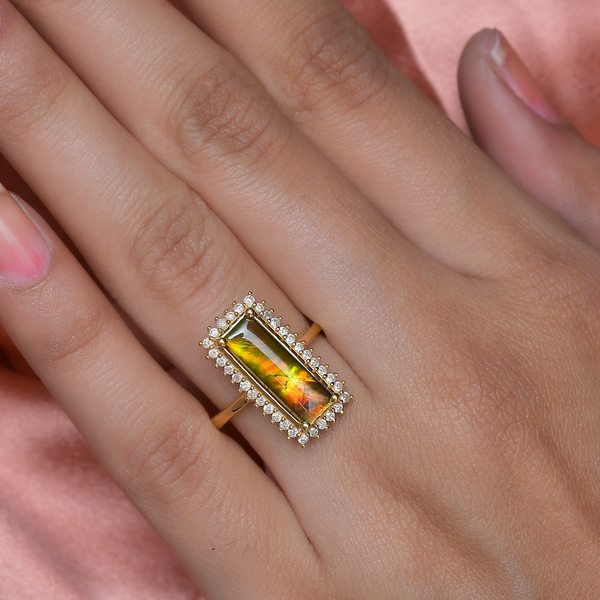 AA Canadian Ammolite (Bgt 15x5mm) and Diamond Ring in 14K Gold Overlay Sterling Silver 2.71 Ct.