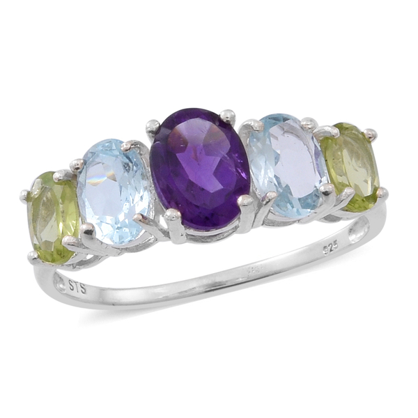 Amethyst (Ovl 1.50 Ct), Sky Blue Topaz and Hebei Peridot Ring in Sterling Silver 4.500 Ct.