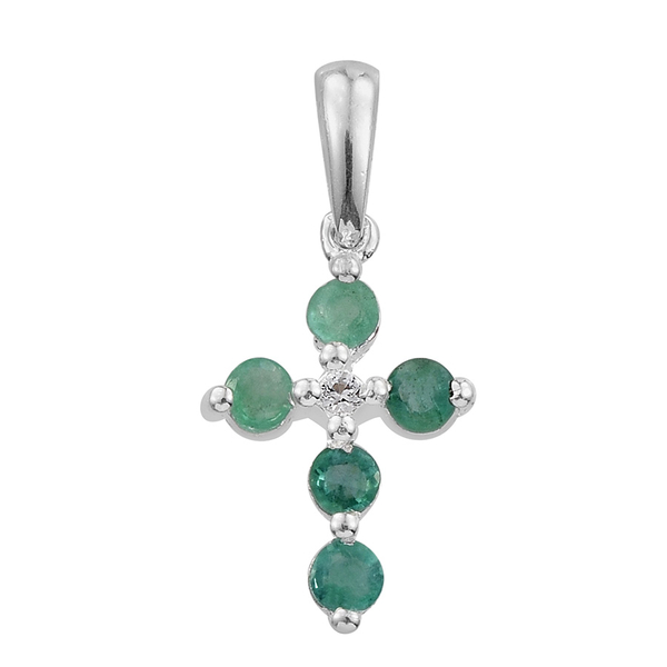Kagem Zambian Emerald (Rnd), White Topaz Cross Pendant in Sterling Silver 0.350 Ct.