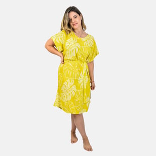 LA MAREY Bali Collection 100% Rayon Leaves Pattern Women Dress - Yellow and Cream