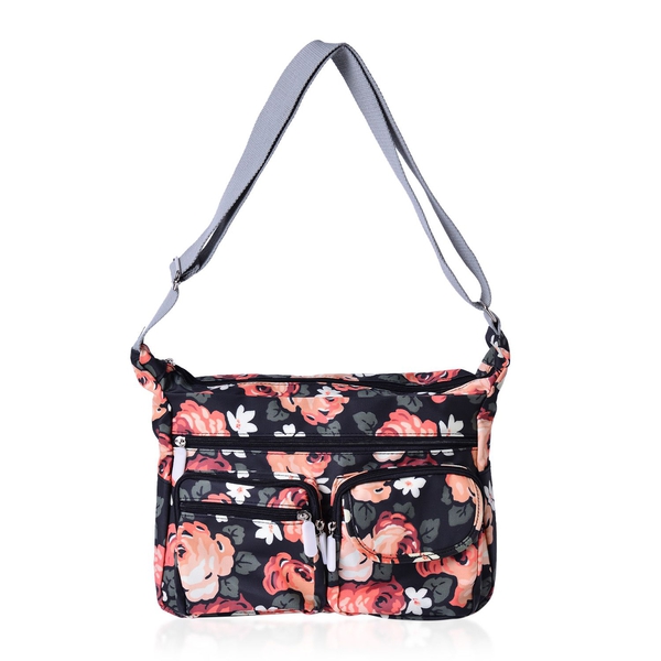 Designer Inspired Multi Colour Floral Printed Black Colour Handbag with External Zipper Pocket and Adjustable Shoulder Strap (Size 33x11x24 Cm)