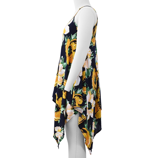 Black V Neck Slip Dress with Yellow and Pink Flower Pattern