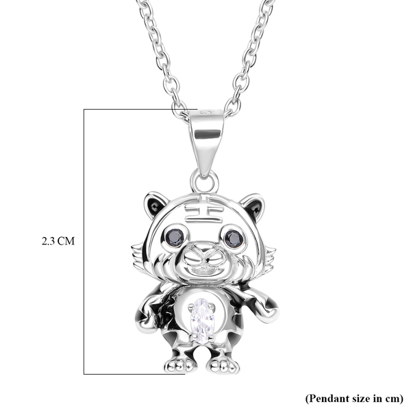 ELANZA Simulated Diamond and Black Spinel Baby Tiger Pendant with Chain (Size 20) in Sterling Silver