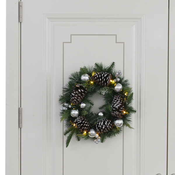 Decorative Christmas Wreath (45 Cm) Embellished with Silver Balls, Pine Cones and LED String Light Powered by 2xAA Battery (not included)