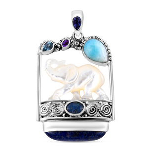 SAJEN SILVER - Lapis Lazuli and Multi Gemstones Pendant in Sterling Silver 36.02 Ct, Silver Wt. 15.5