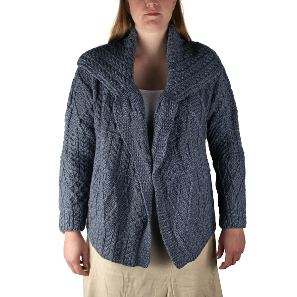 Carraig Donn 100% Merino Wool Knitted Women Cardigan with Pockets and Button- Blue - M size