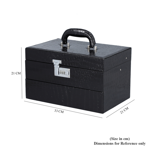 DOD - 3 Layer Crocodile Skin Pattern Jewellery Box Organiser with Coded Lock and Handle (Size 33x21x21 Cm) - Black