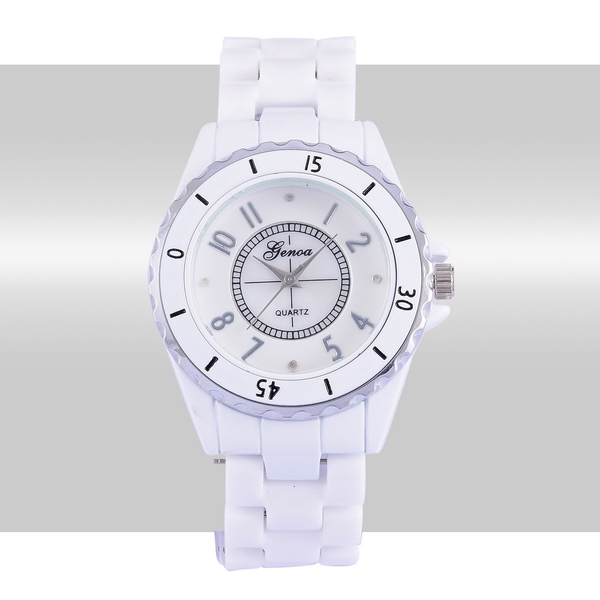 Diamond studded GENOA White Ceramic Japanese Movement Watch in MOP Dial Water Resistant in Silver Tone with Stainless Steel Back