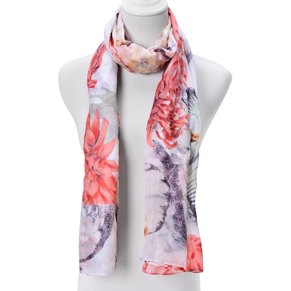 100% Mulberry Silk Black and Red Butterfly and Floral Pattern White Colour Scarf (Size 180x110 Cm)