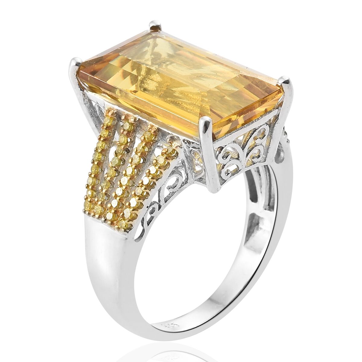 Collectors Edition- Heliodor (Oct 9.70 Ct), Yellow Diamond Ring in Platinum Overlay Sterling Silver 10.000 Ct.