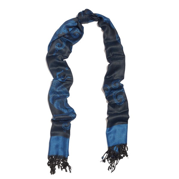 Limited Edition- Designer Inspired-Blue and Black Colour Dragonfly Pattern Jacquard Scarf with Tassels (Size 180X70 Cm)