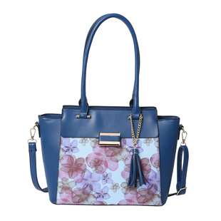Floral Pattern Satchel Bag with Adjustable Shoulder Strap, Tassel and Magnetic Closure in Navy (32x2