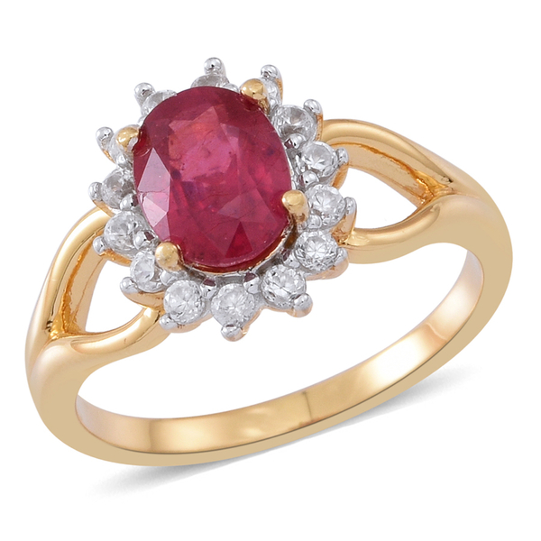 African Ruby (Ovl 1.75 Ct), White Zircon Ring in 14K Gold Overlay Sterling Silver 2.250 Ct.