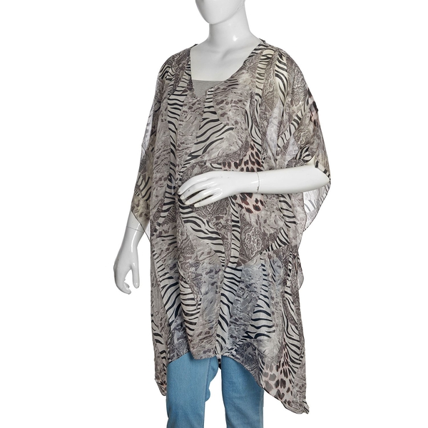 Brand New - 100% Mulberry Silk Black, Grey and White Colour Zebra and Leopard Printed Kaftan (Free Size)