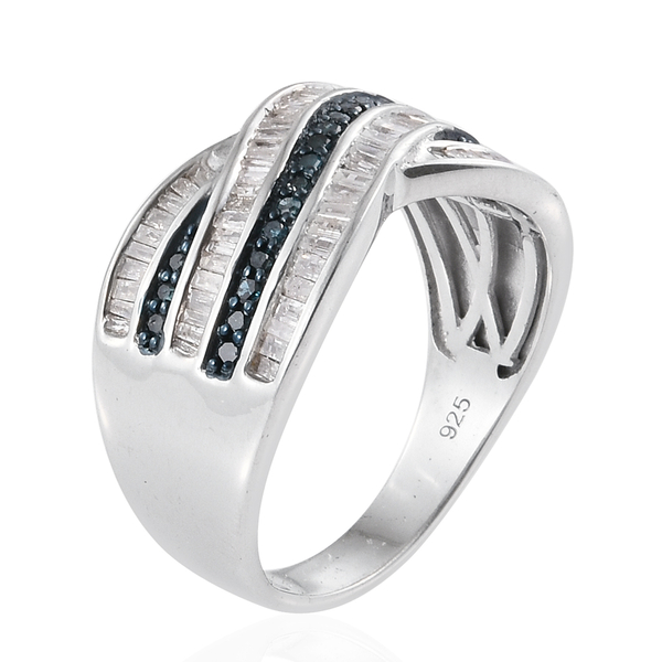 Blue Diamond (Rnd), White Diamond Criss Cross Ring in Platinum Overlay Sterling Silver 1.000 Ct. Silver wt 5.64 Gms.