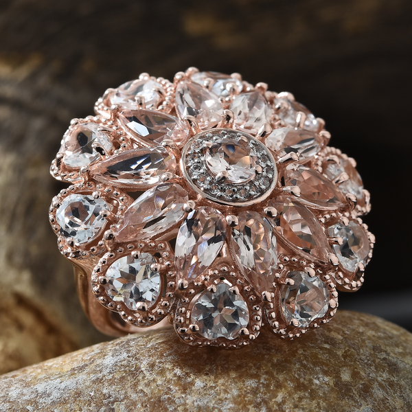 Limited Edition - Maroppino Morganite (Pear), White Topaz Cluster Ring in Vermeil Rose Gold Overlay Sterling Silver 11.750 Ct, Silver wt 10.70 Gms