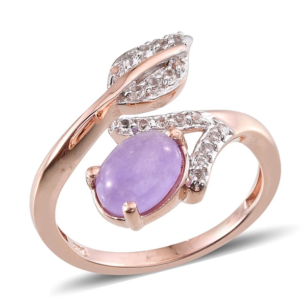 Purple Jade (Ovl 1.50 Ct), White Topaz Leaf Ring in Rose Gold Overlay Sterling Silver 1.750 Ct.