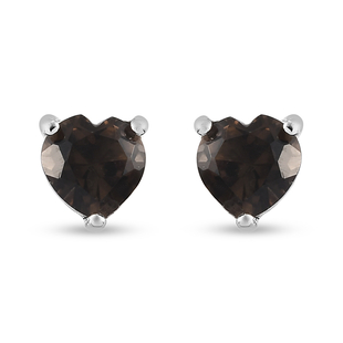Smoky Quartz Heart Stud Earrings (with Push Back) in Platinum Overlay Sterling Silver 1.66 Ct.