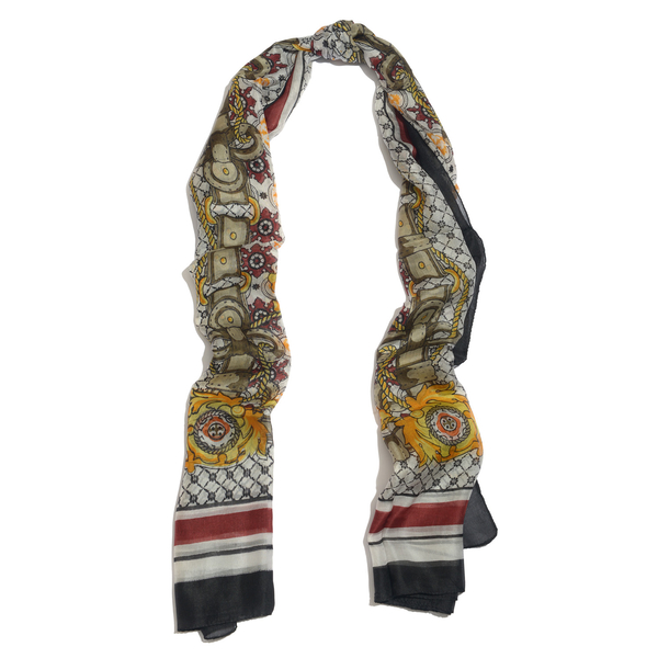 100% Mulberry Silk Black, Red and Multi Colour Floral Pattern White Colour Scarf (Size 180x100 Cm)