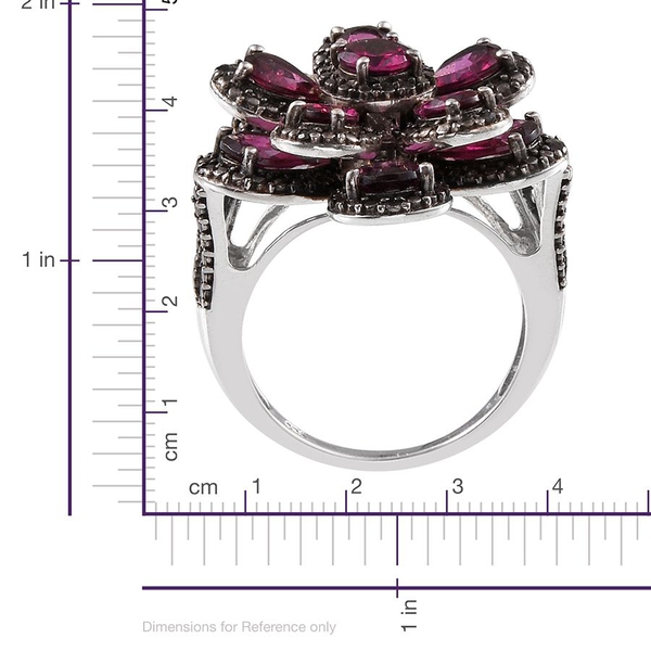 Rhodolite Garnet (Pear), Black Diamond Floral Ring in Platinum Overlay Sterling Silver 7.850 Ct.