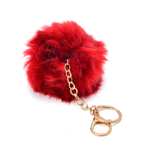 Set of 2 -  Faux Fur Burgundy and Grey Colour Fluffy Pom Pom Key Chain in Gold Tone (Size 10 Cm)