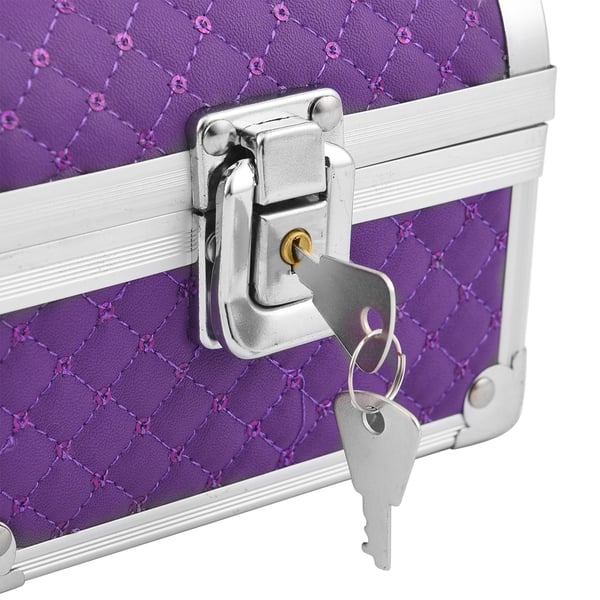 2 Layer Quilted Pattern Aluminium Jewellery Organiser with Handle, Lock and Inside Mirror (Size 12x10x7.5 Cm) - Purple