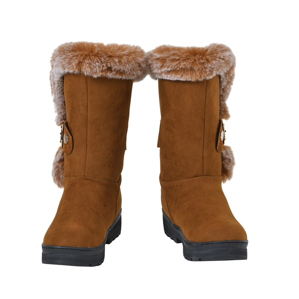 Faux Fur Winter Boots with Buckle - Brown