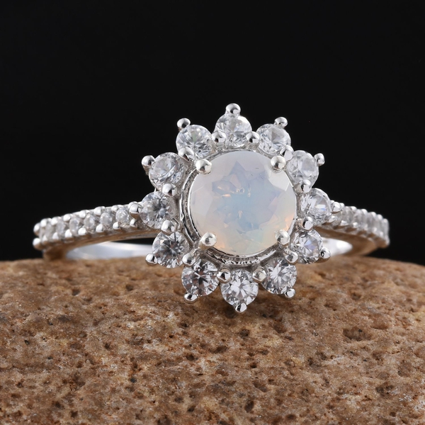 Ethiopian Welo Opal (Rnd), Natural Cambodian Zircon Flower Ring in Platinum Overlay Sterling Silver 1.080 Ct.
