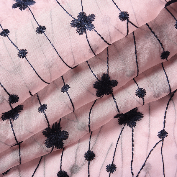 LA MAREY 100% Mulberry Silk Flower Vine Embroidery Pattern Scarf in Pink (180x58cm)