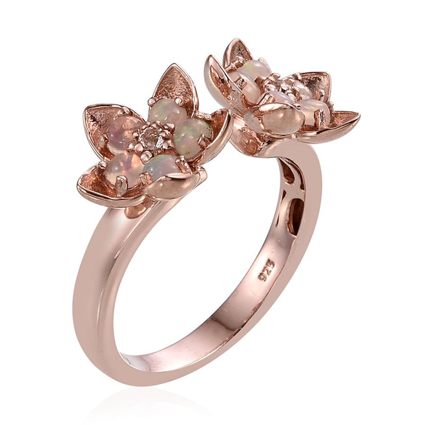 AA Ethiopian Welo Opal (Rnd), White Topaz Twin Floral Ring in Rose Gold Overlay Sterling Silver 1.000 Ct.