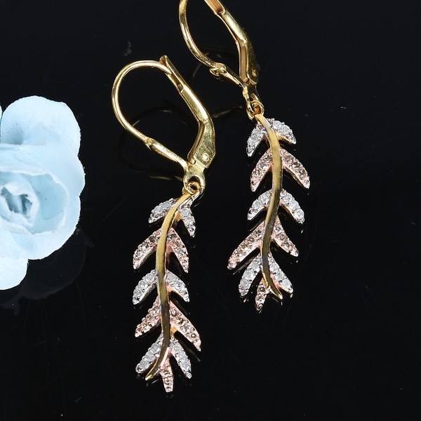 Natural Champagne Diamond, White Diamond 0.25 Carat Leaf Lever Back Earrings in Yellow Gold Overlay Sterling Silver.